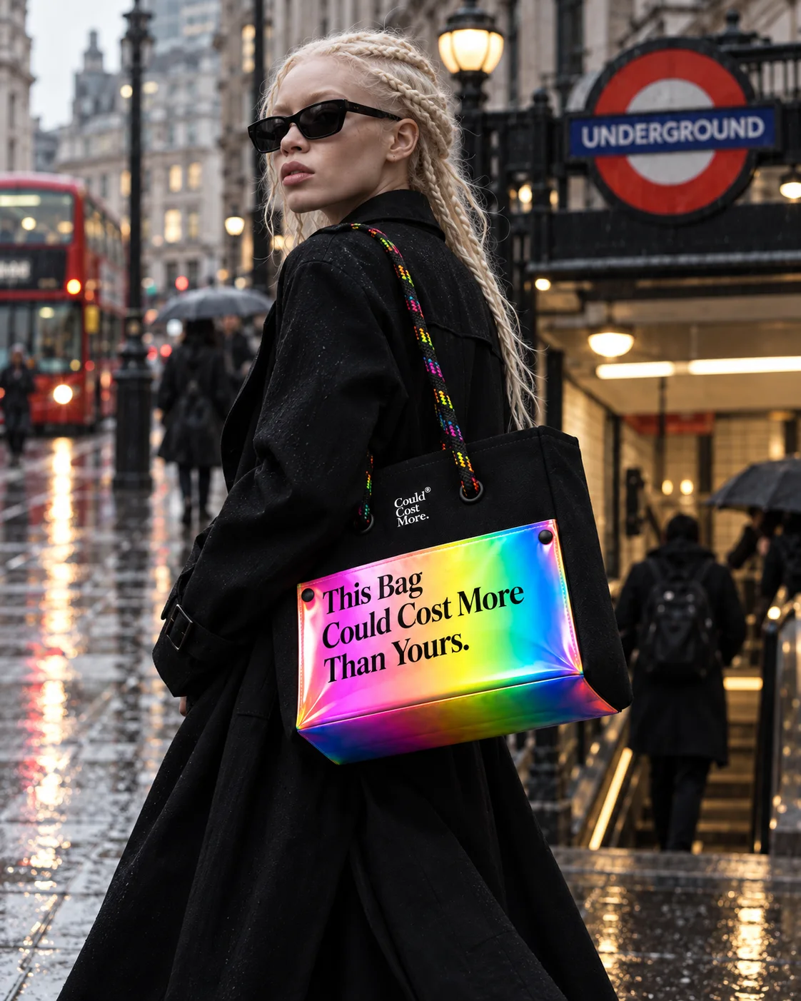 London in the rain: the tote by the Underground.