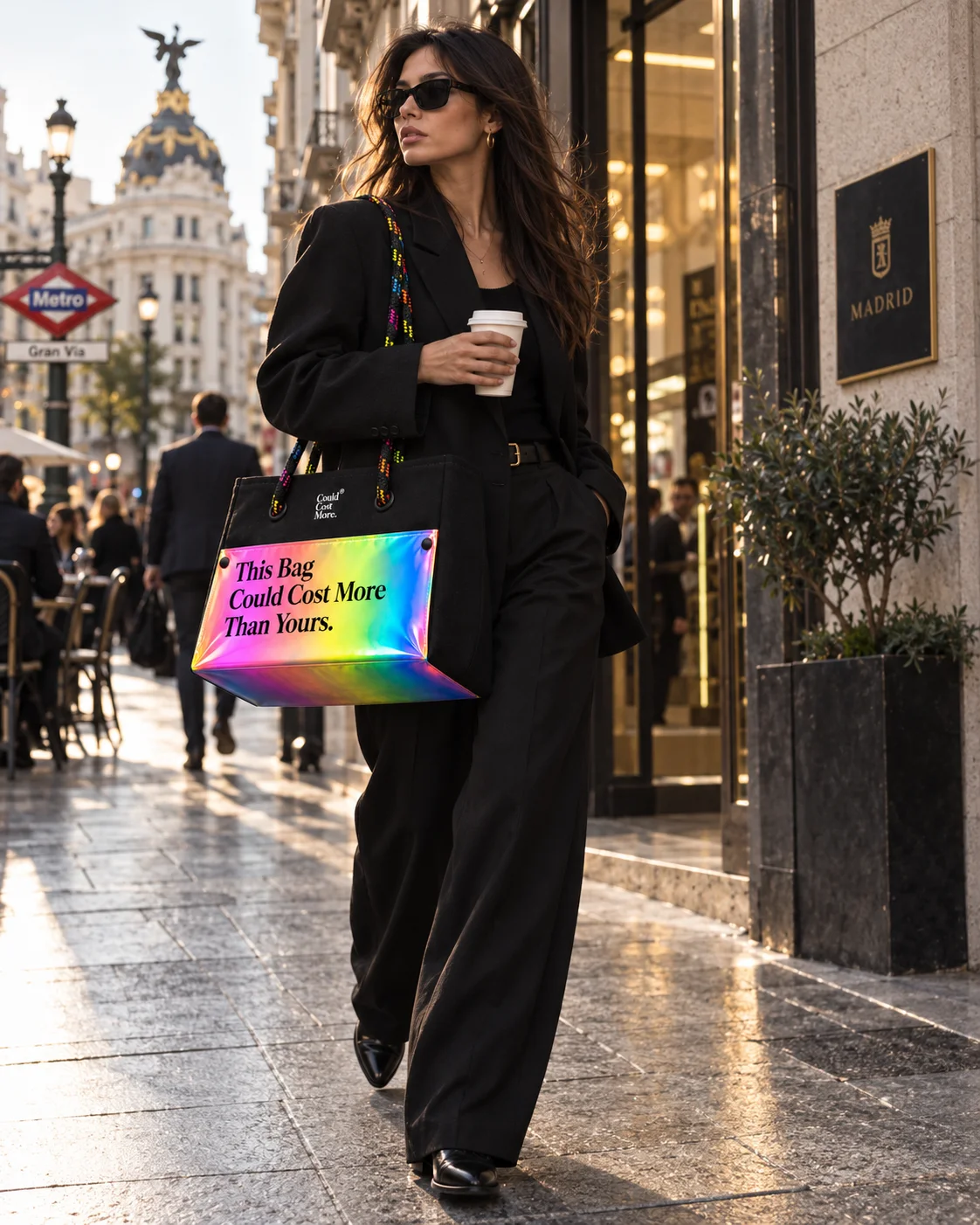 Madrid at golden hour: the tote on Gran Vía.