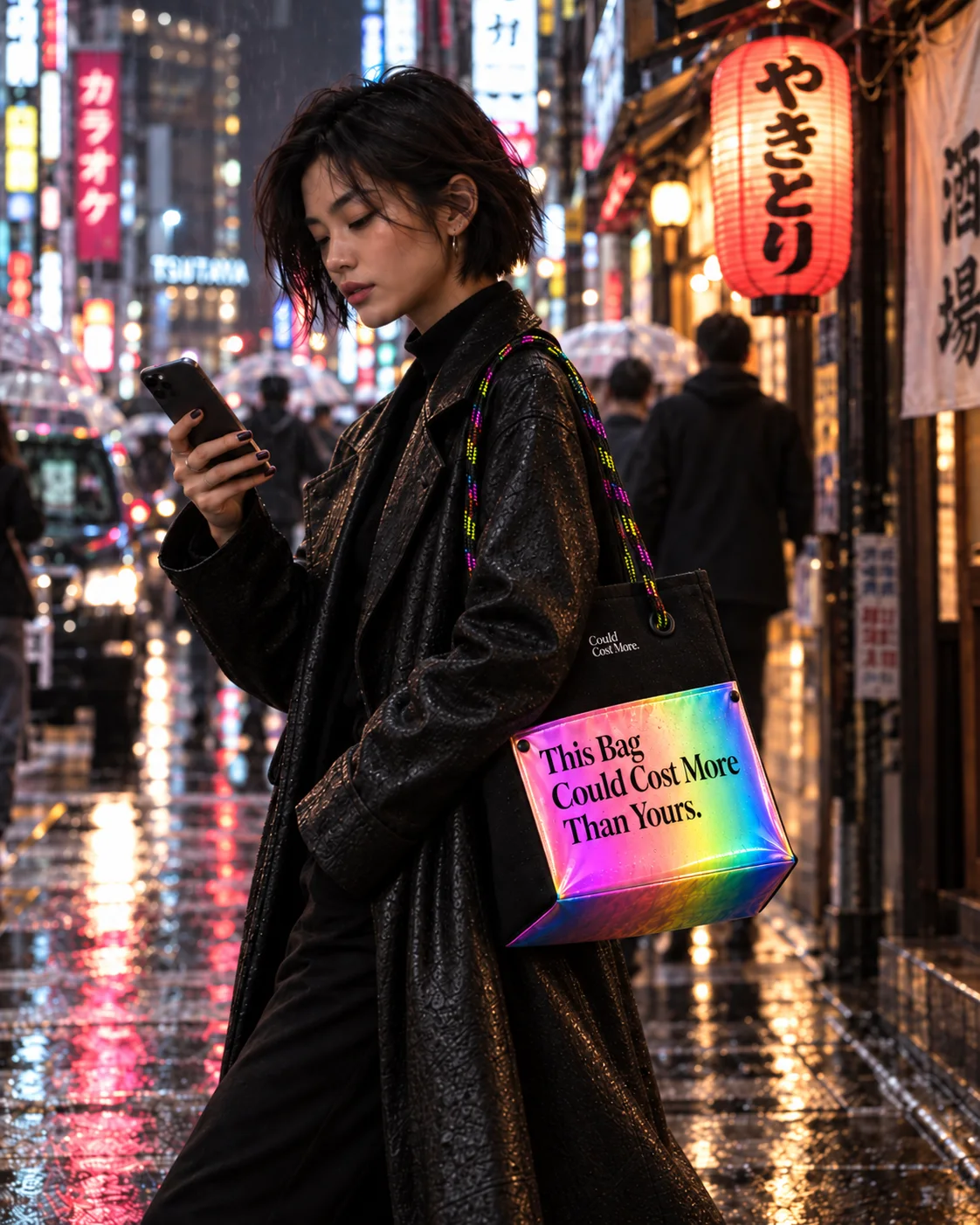 Tokyo at night: the mini tote carried through the neon.