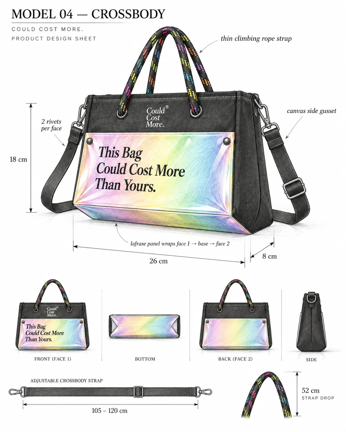 Model 04 design sheet: two rivets per face, canvas side gusset and the adjustable rope strap.