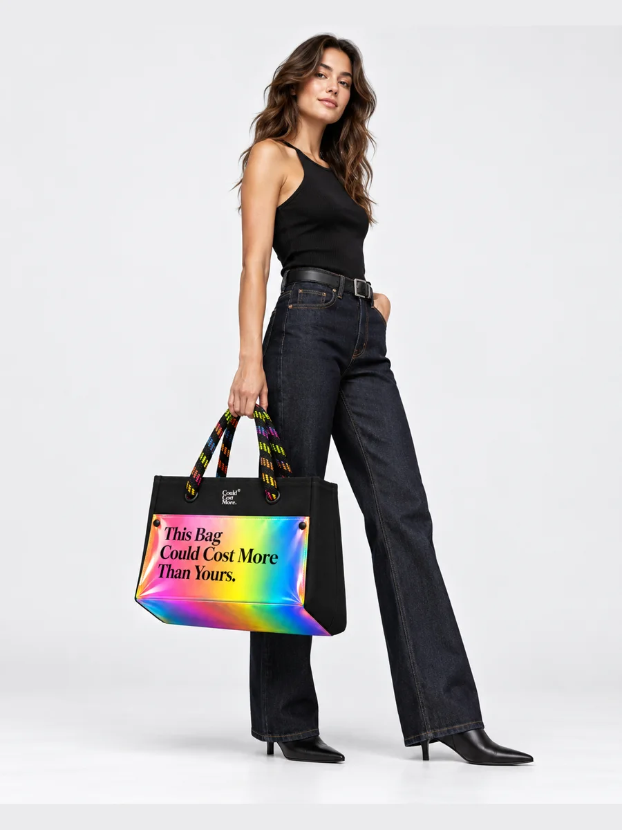 The Medium Tote. carried by a model, for scale.