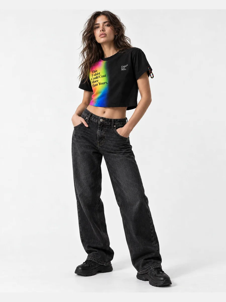 The T-shirt. full-length, on the street.
